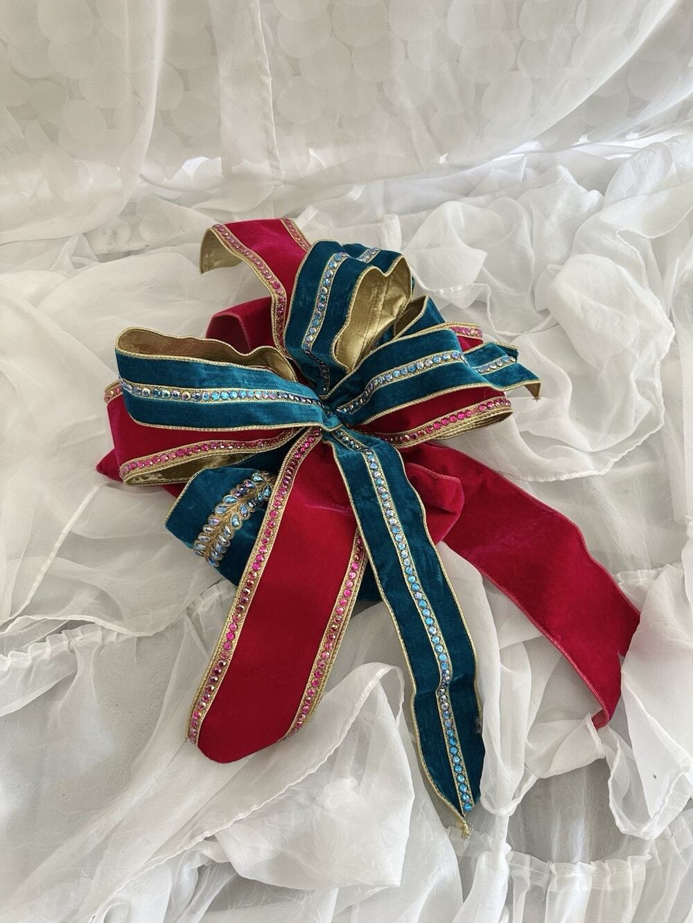LARGE Handmade Velvet Crystal Christmas Bows Pink Blue Gold Tree Wreath Decor